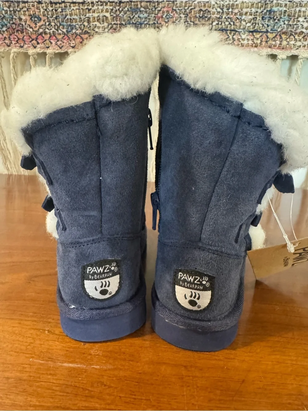 BearPaw Navy Kids Faux-Shearling Boot with White Trim